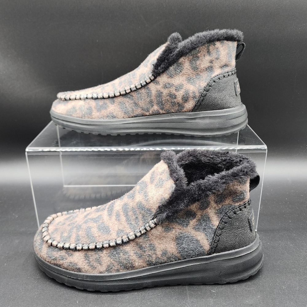 Hey Dude 8 Brown Leopard Denny Booties Faux Fur Lined Slip On Comfort Shoes Mocs
